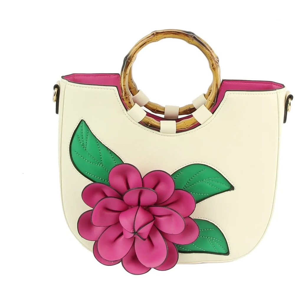 Floral Embellished Satchel Pink Green and Ivory